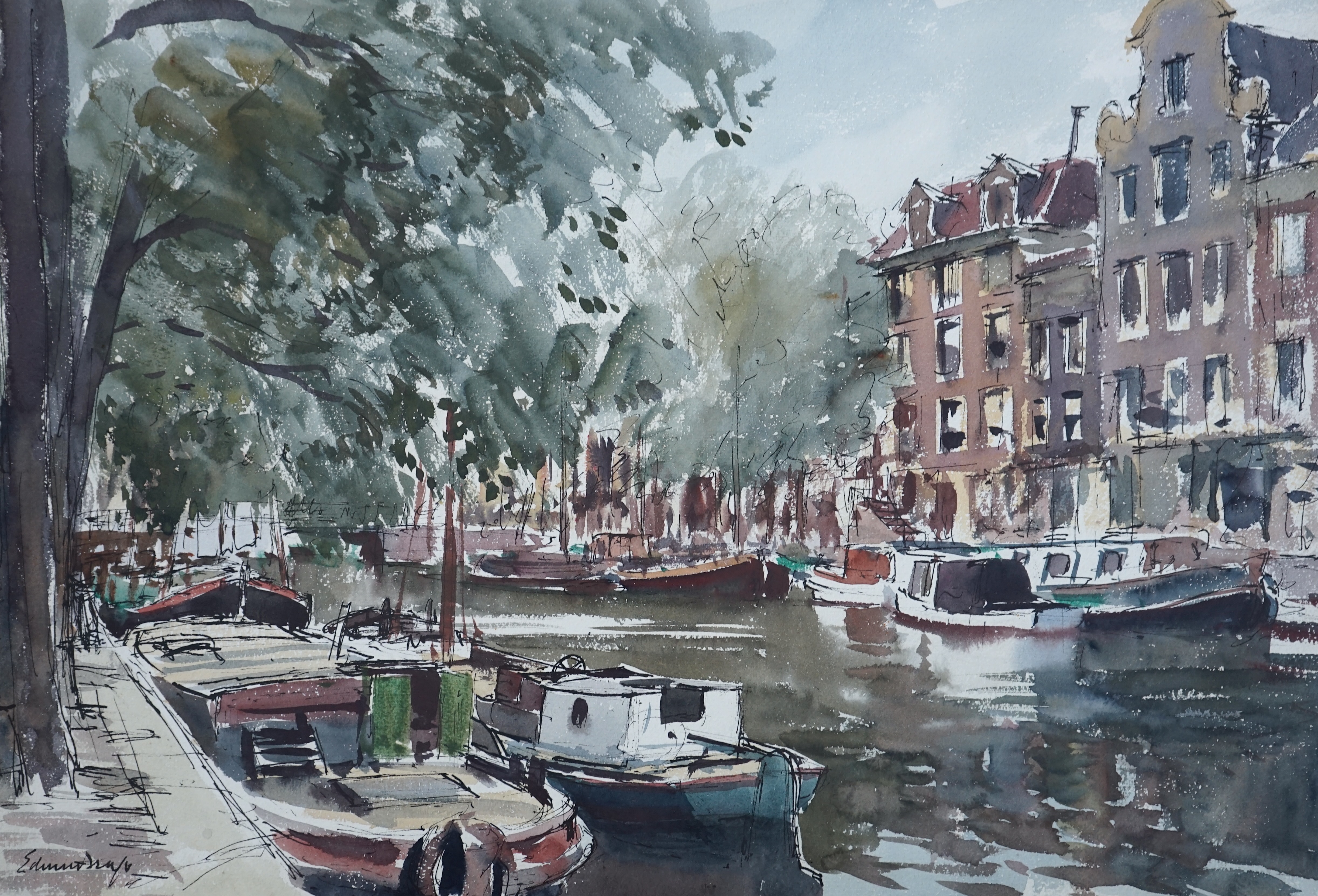 Edward Brian Seago RWS RBA (British, 1910-1974), Canal Scene, Amsterdam 1953, ink and watercolour, 37.5 x 54.5cm